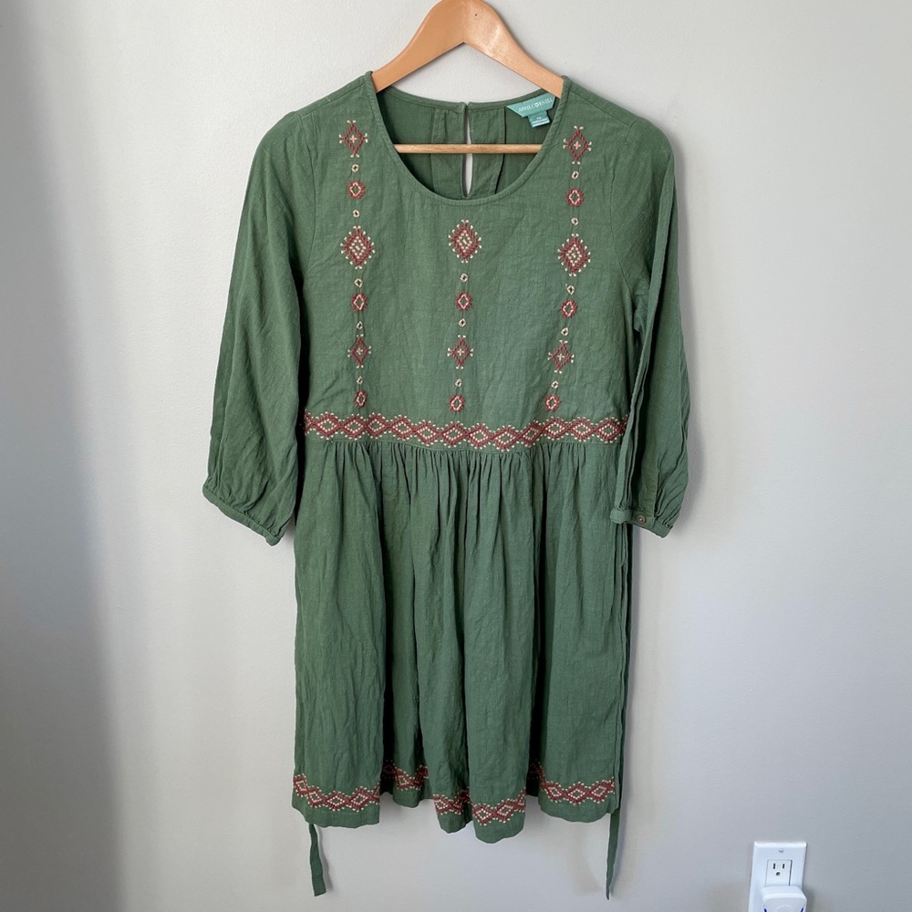 April Cornell Olive Green Embroidered Midi Dress